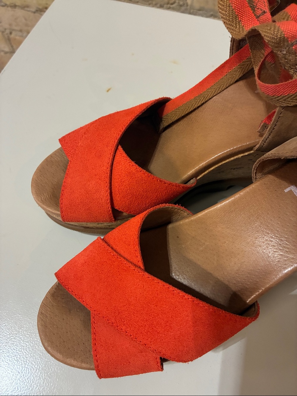 Sorel Joanie II High Ankle Orange Wedge Sandals with Ankle Tie - Picture 5 of 9